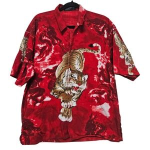 Vintage Y2K Grunge Red Tiger Dragon Cyber Japanese Button Up Streetwear Tattoo L